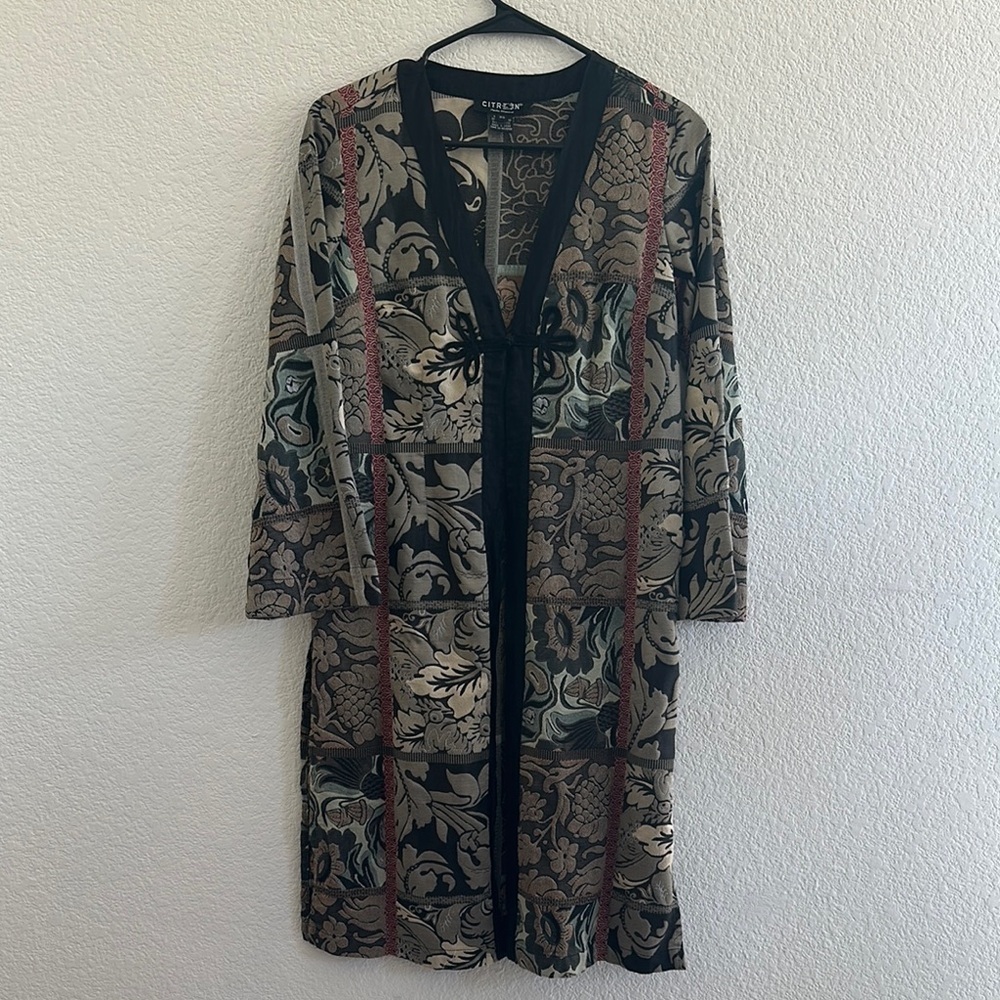 Citron Santa Monica Long Duster Coat Jacket Brocade Jacquard Kimono